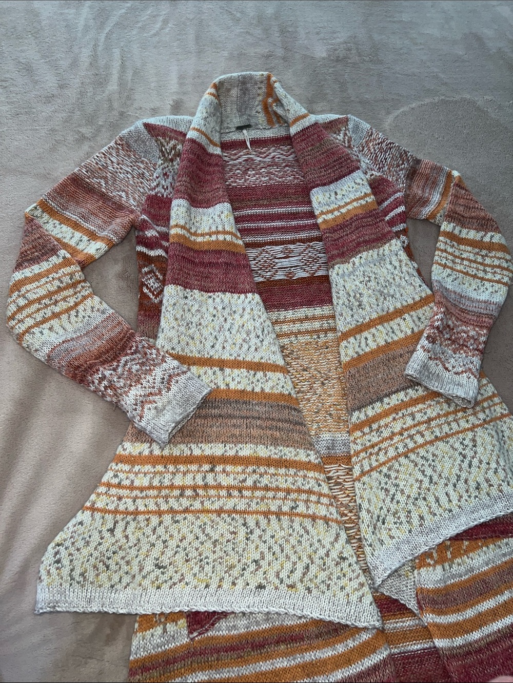 Free People Striped Open Maxi Cardigan Duster in Cream, Rust, Orange Wool Blend - Picture 10 of 12